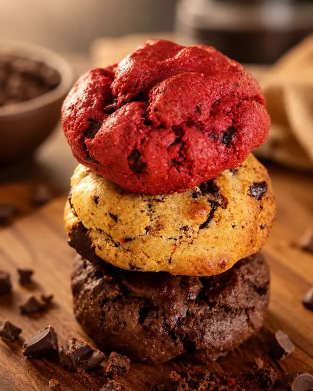 Cookies Zero de Red Velvet, baunilha e chocolate empilhados
